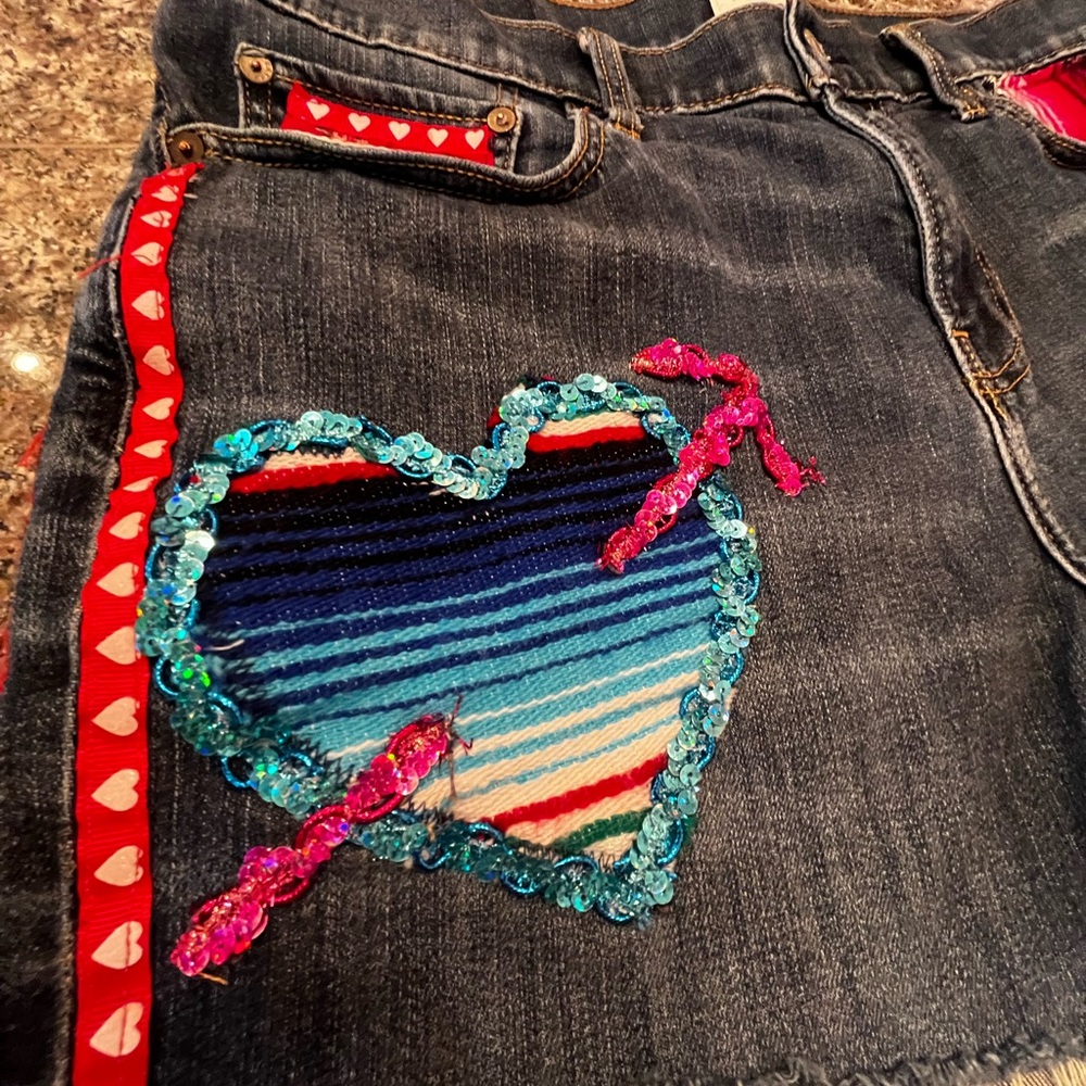 Upcycled Lucky Brand Denim Jeans with hearts, Mexican embroidery